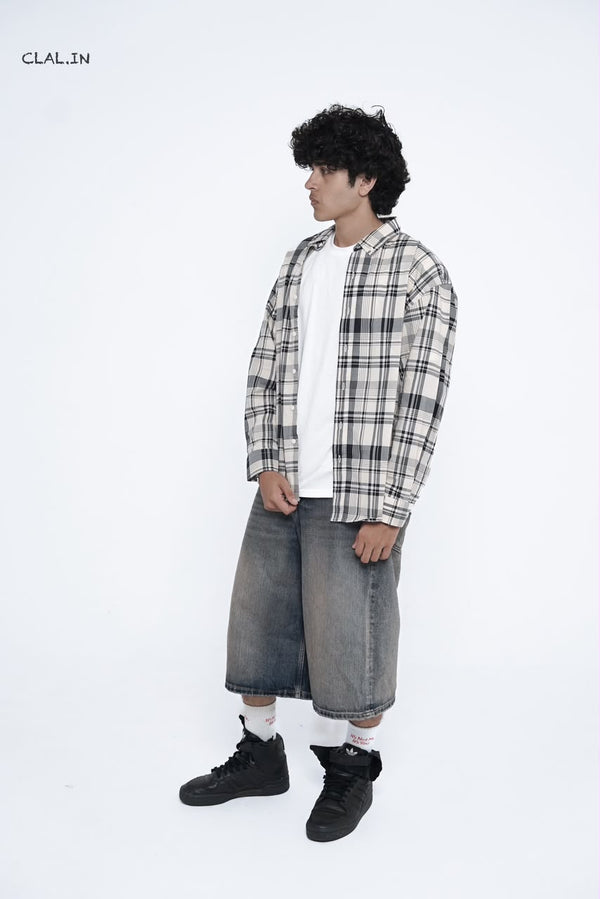 Men's oversized micro-check button-down shirt layered