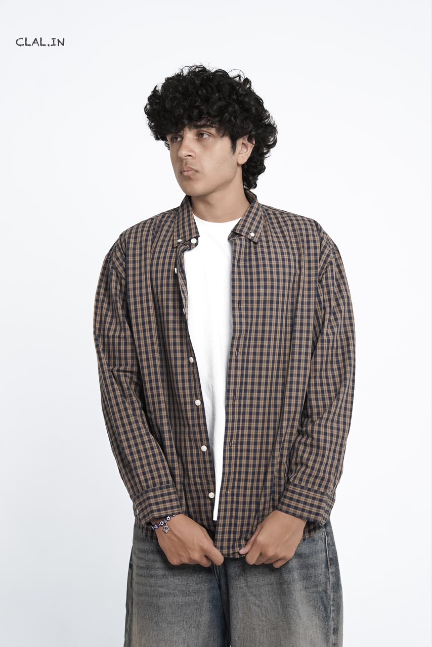 Men's oversized micro-check button-down shirt layered