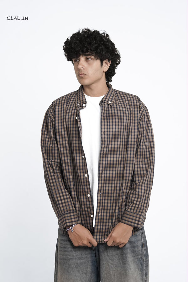 Men's oversized micro-check button-down shirt layered