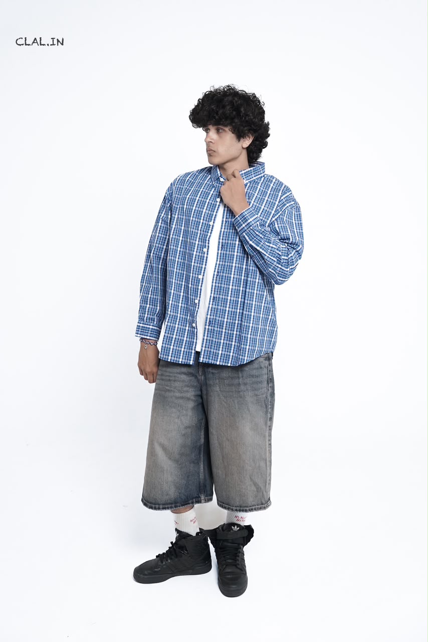 Men's oversized micro-check button-down shirt layered