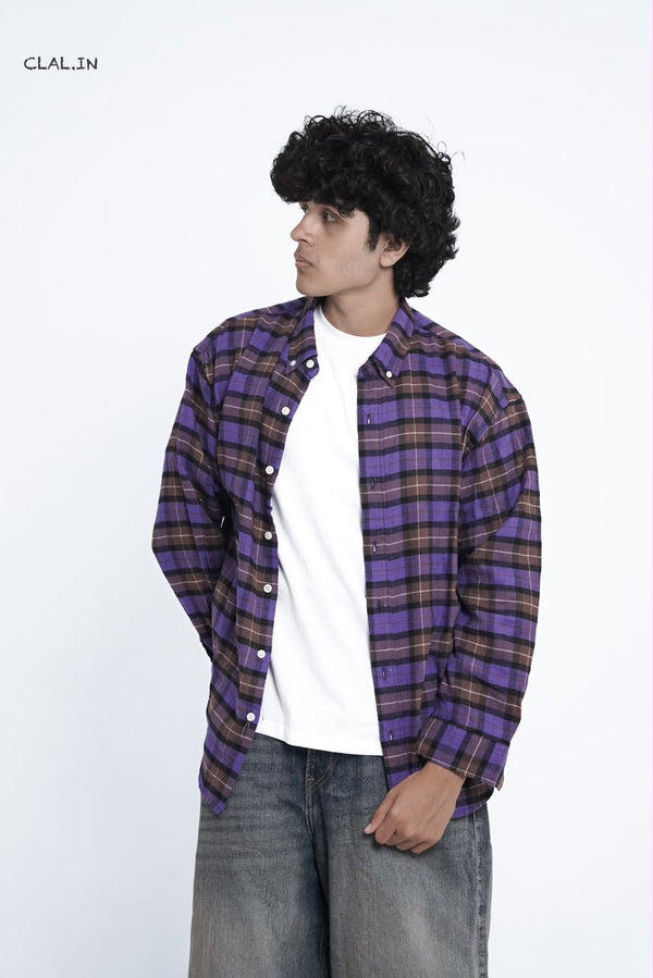 Men's oversized micro-check button-down shirt layered