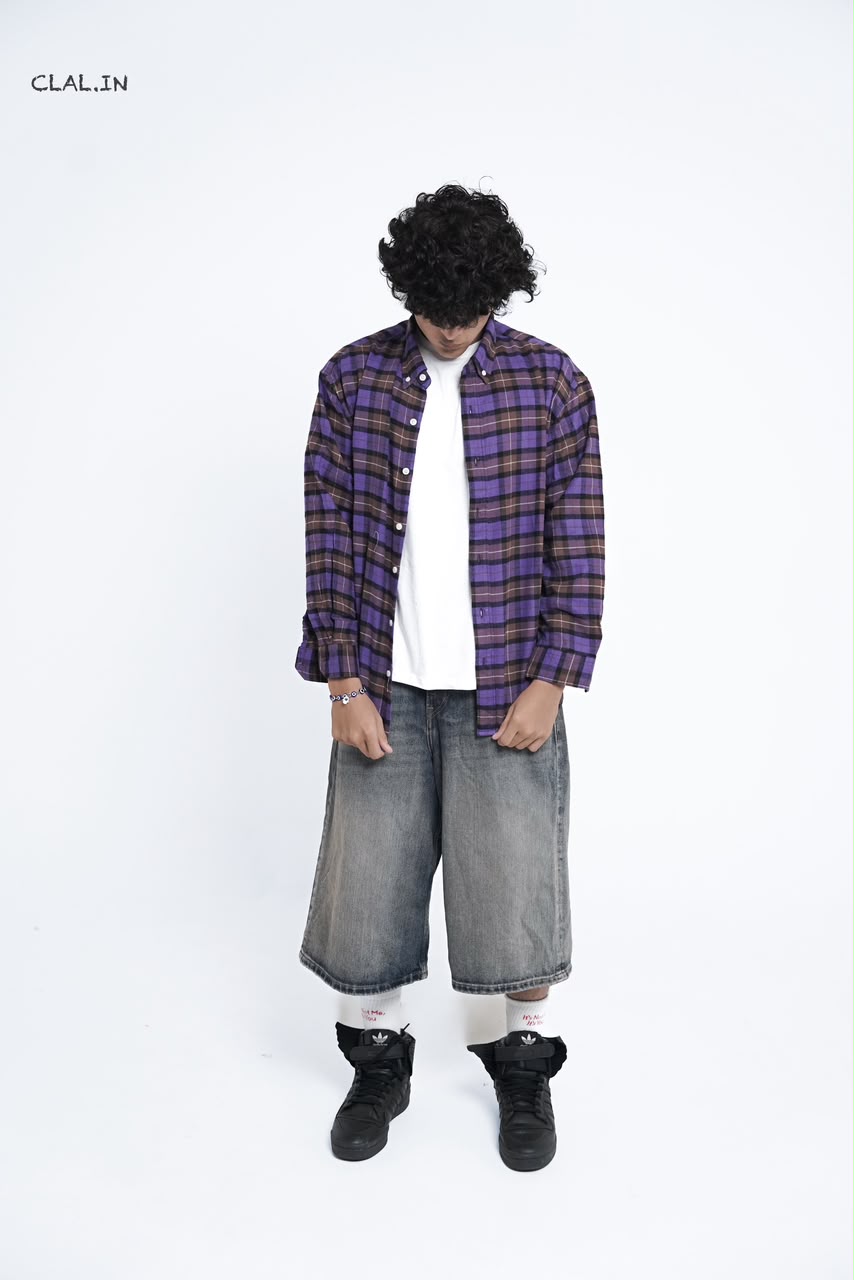 Men's oversized micro-check button-down shirt layered