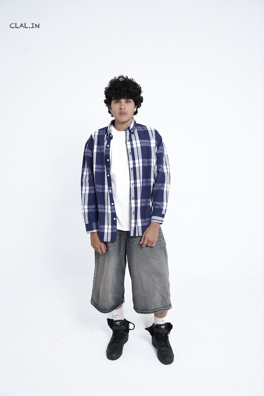 Men's oversized micro-check button-down shirt layered