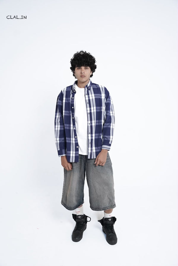 Men's oversized micro-check button-down shirt layered