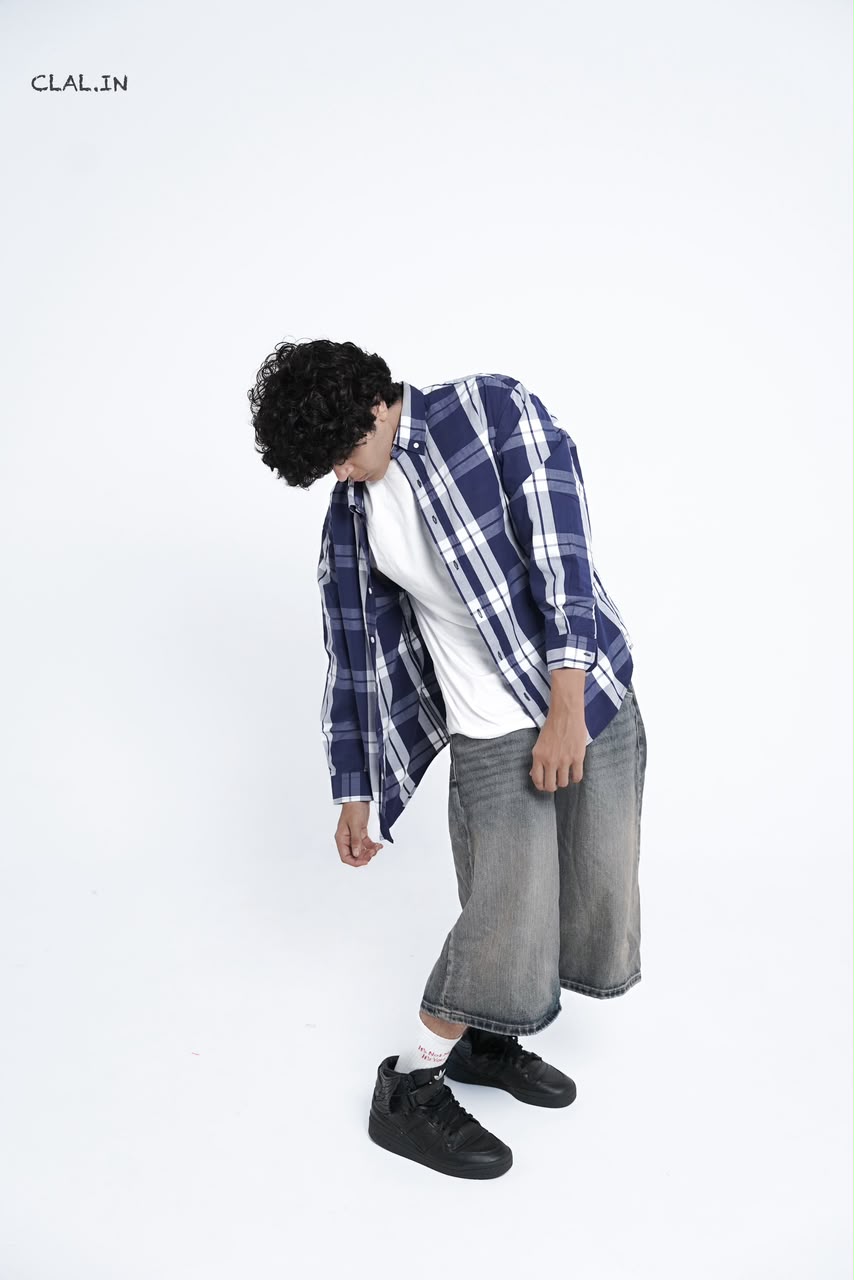 Men's oversized micro-check button-down shirt layered