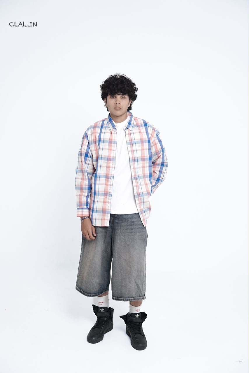 Men's oversized micro-check button-down shirt layered