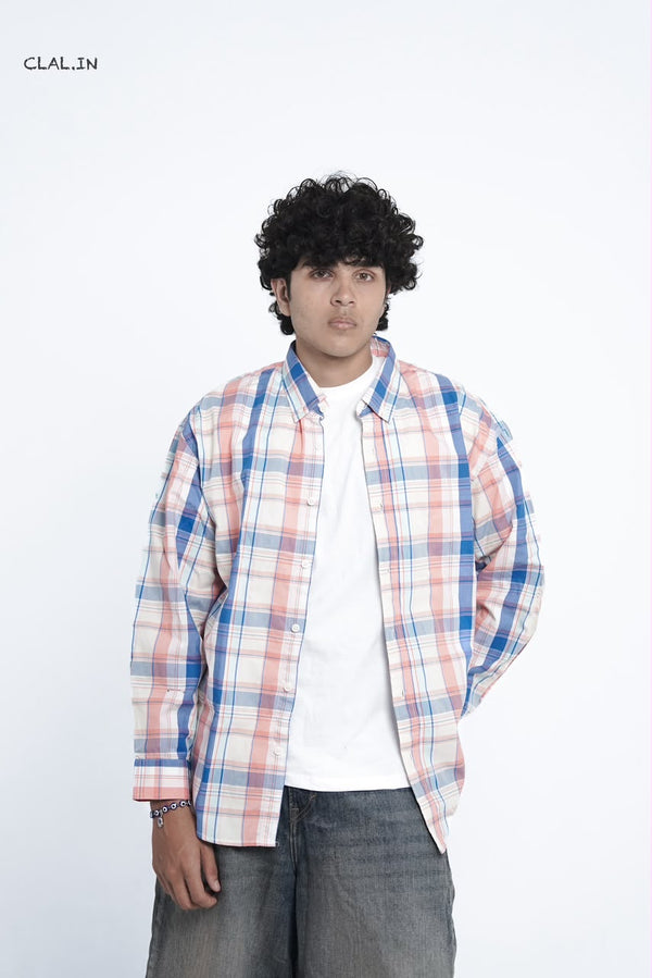 Men's oversized micro-check button-down shirt layered