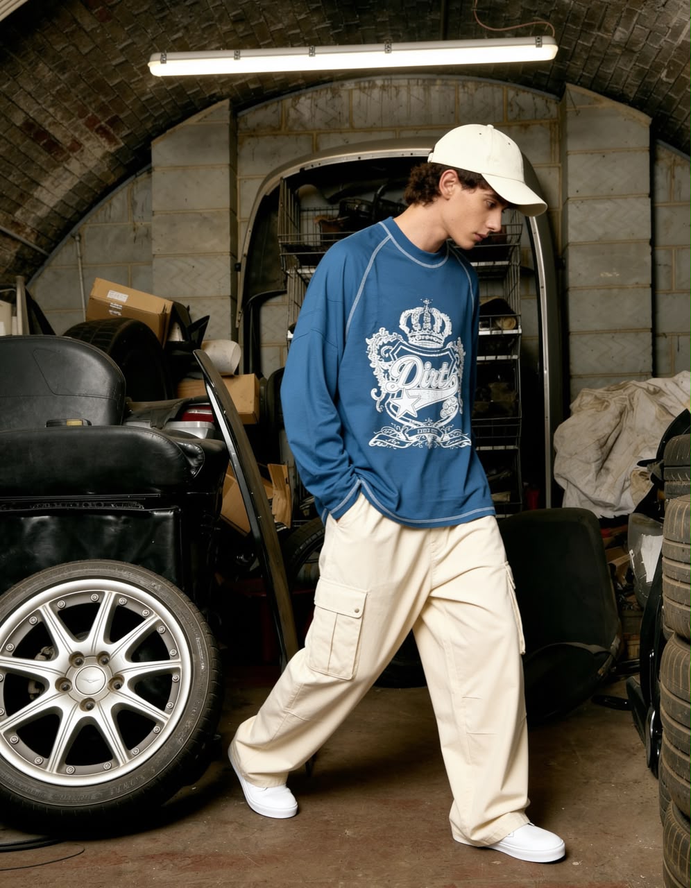 Dirt blue oversized graphic full sleeve T-shirt for men