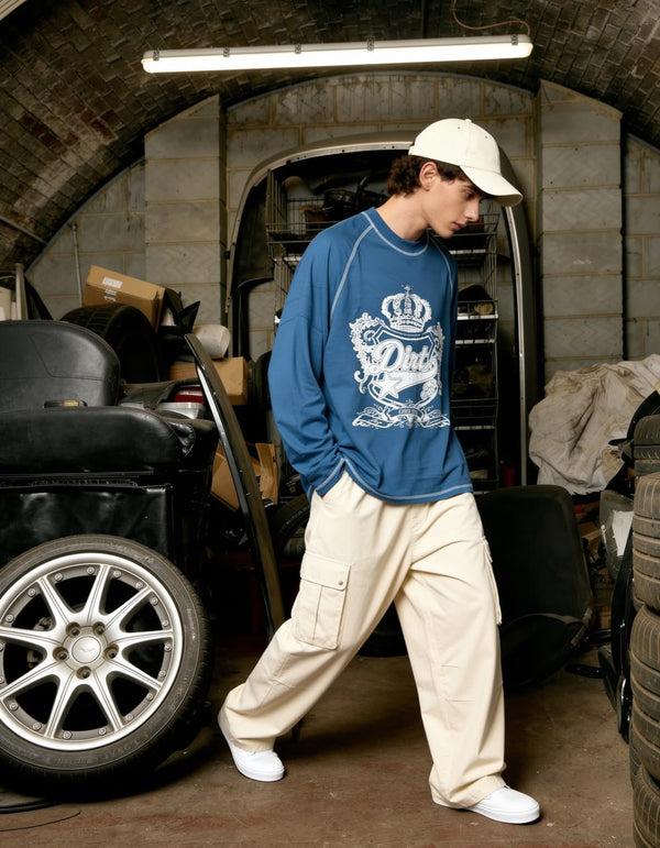 Dirt blue oversized graphic full sleeve T-shirt for men
