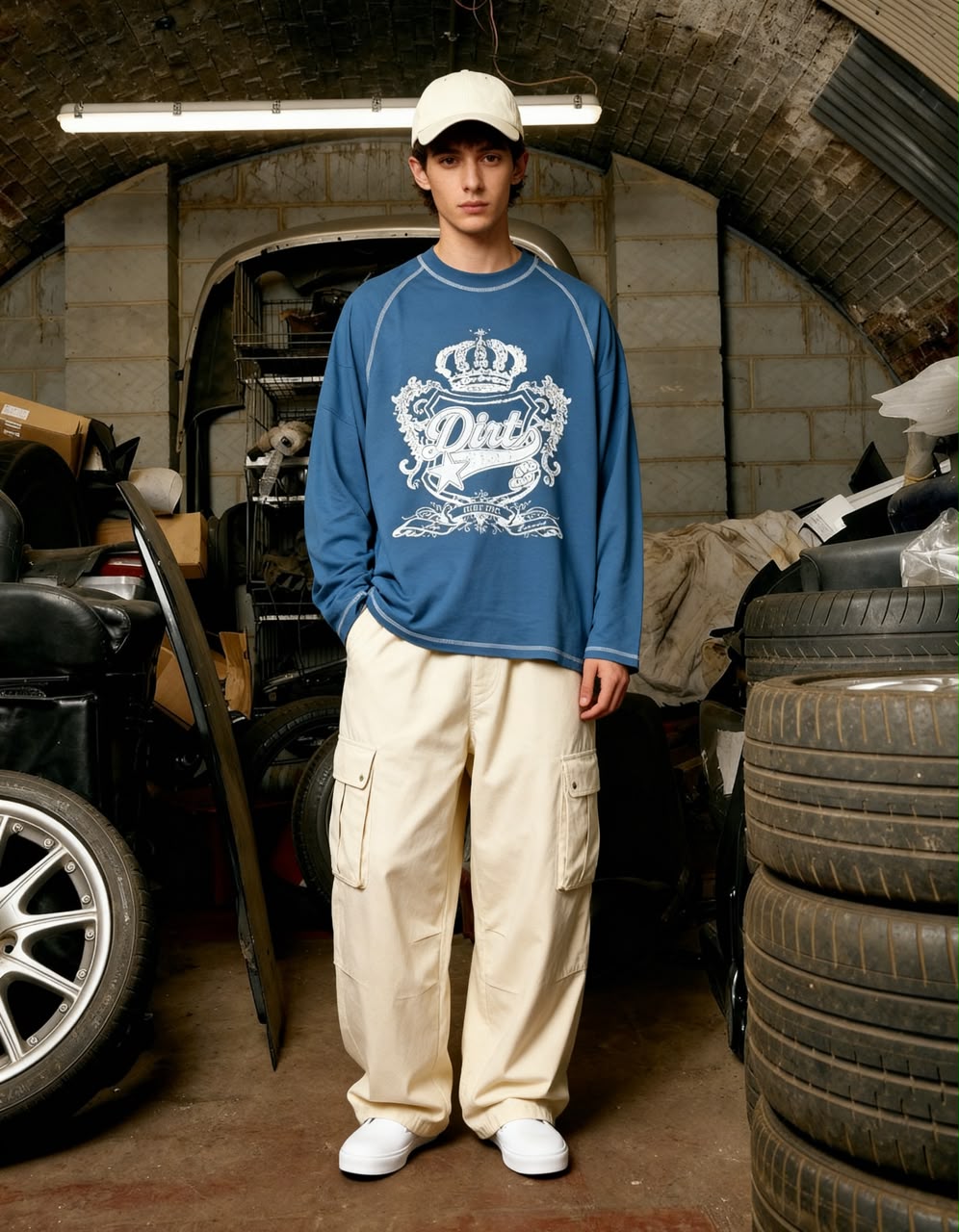 Dirt blue oversized graphic full sleeve T-shirt for men