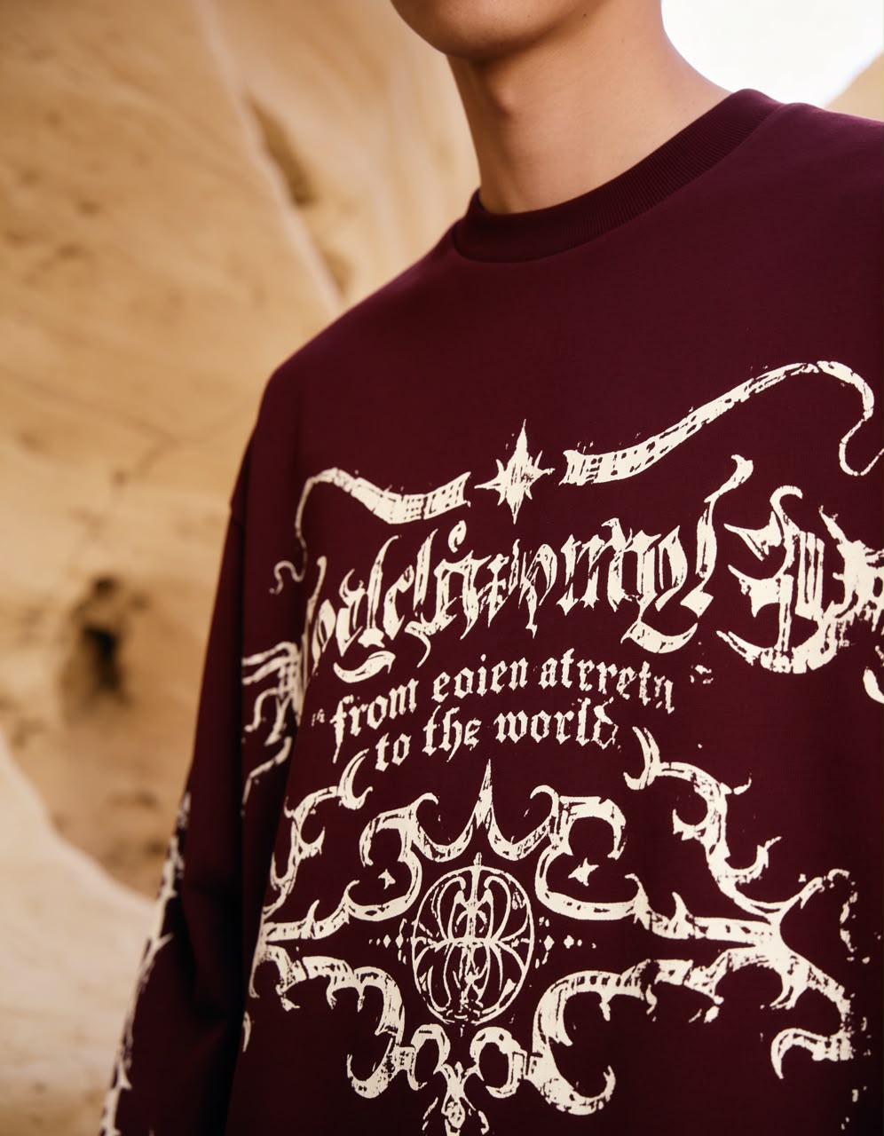 Maroon oversized full sleeve graphic T-shirt