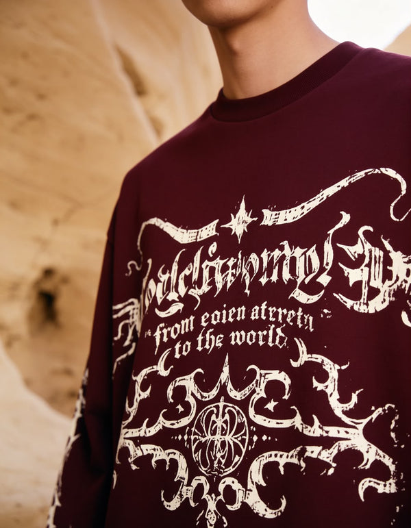 Maroon oversized full sleeve graphic T-shirt