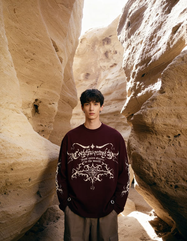 Maroon oversized full sleeve graphic T-shirt