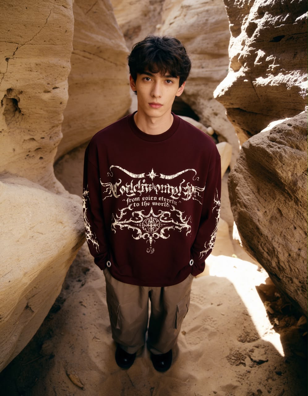 Maroon oversized full sleeve graphic T-shirt