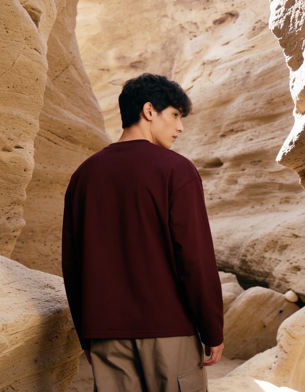 Maroon oversized full sleeve graphic T-shirt