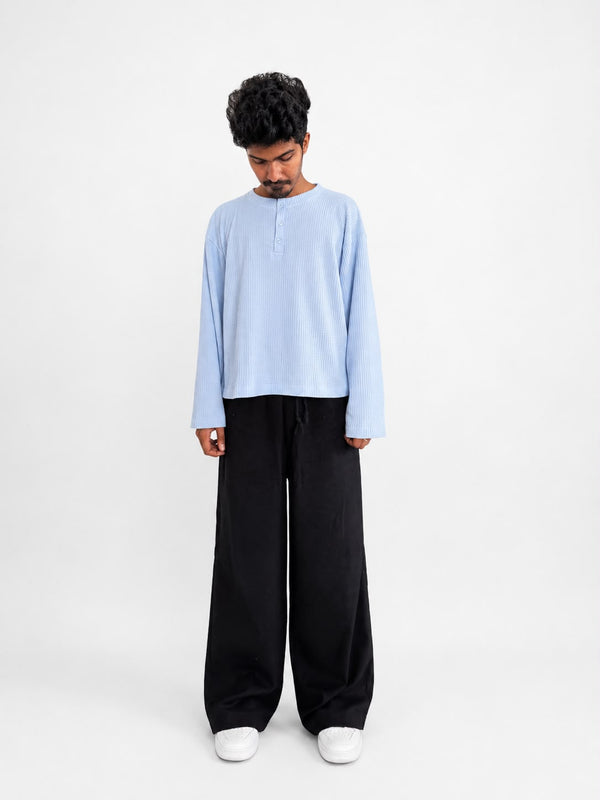  oversized waffle knit Henley long sleeve T-shirt for men in minimalist streetwear style