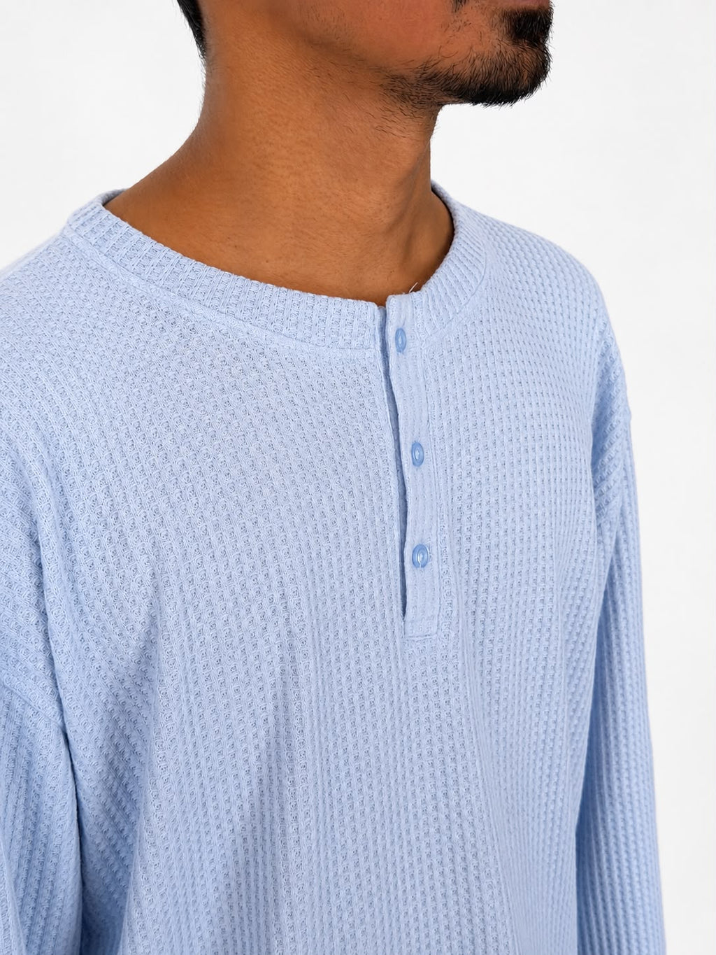  oversized waffle knit Henley long sleeve T-shirt for men in minimalist streetwear style