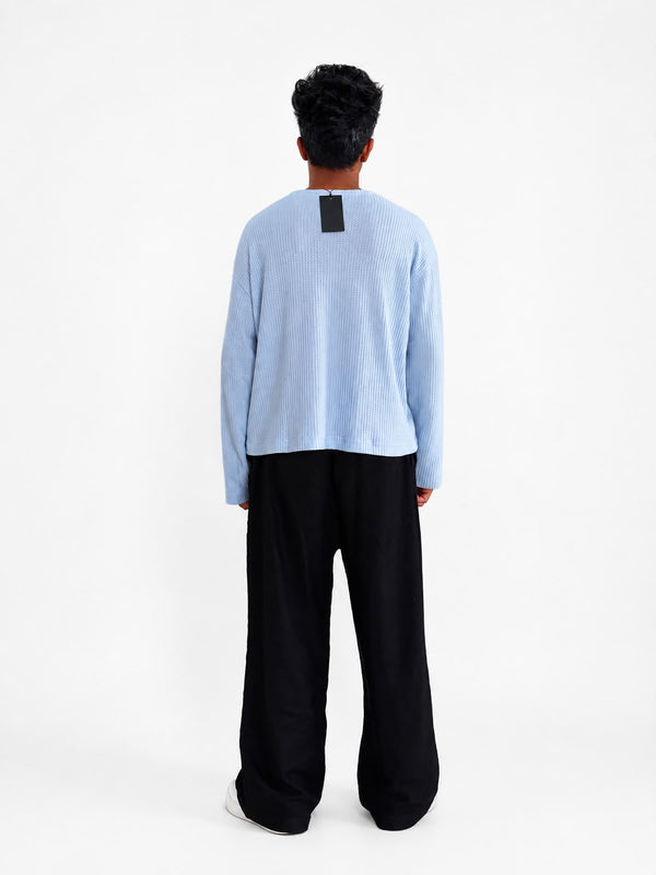  oversized waffle knit Henley long sleeve T-shirt for men in minimalist streetwear style