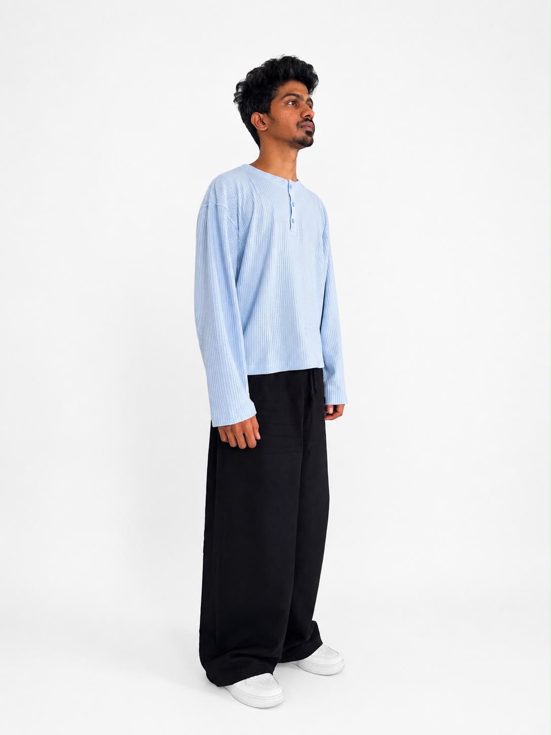  oversized waffle knit Henley long sleeve T-shirt for men in minimalist streetwear style