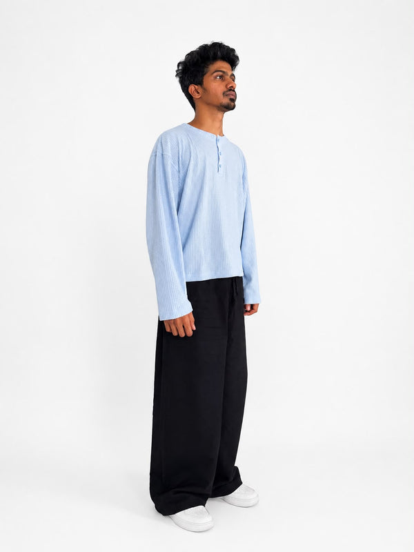  oversized waffle knit Henley long sleeve T-shirt for men in minimalist streetwear style