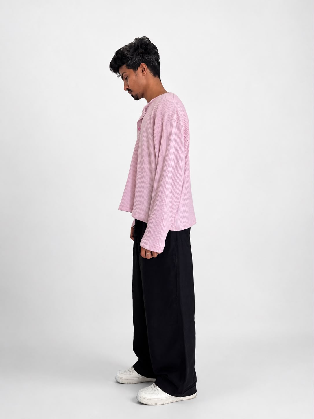  oversized waffle knit Henley long sleeve T-shirt for men in minimalist streetwear style