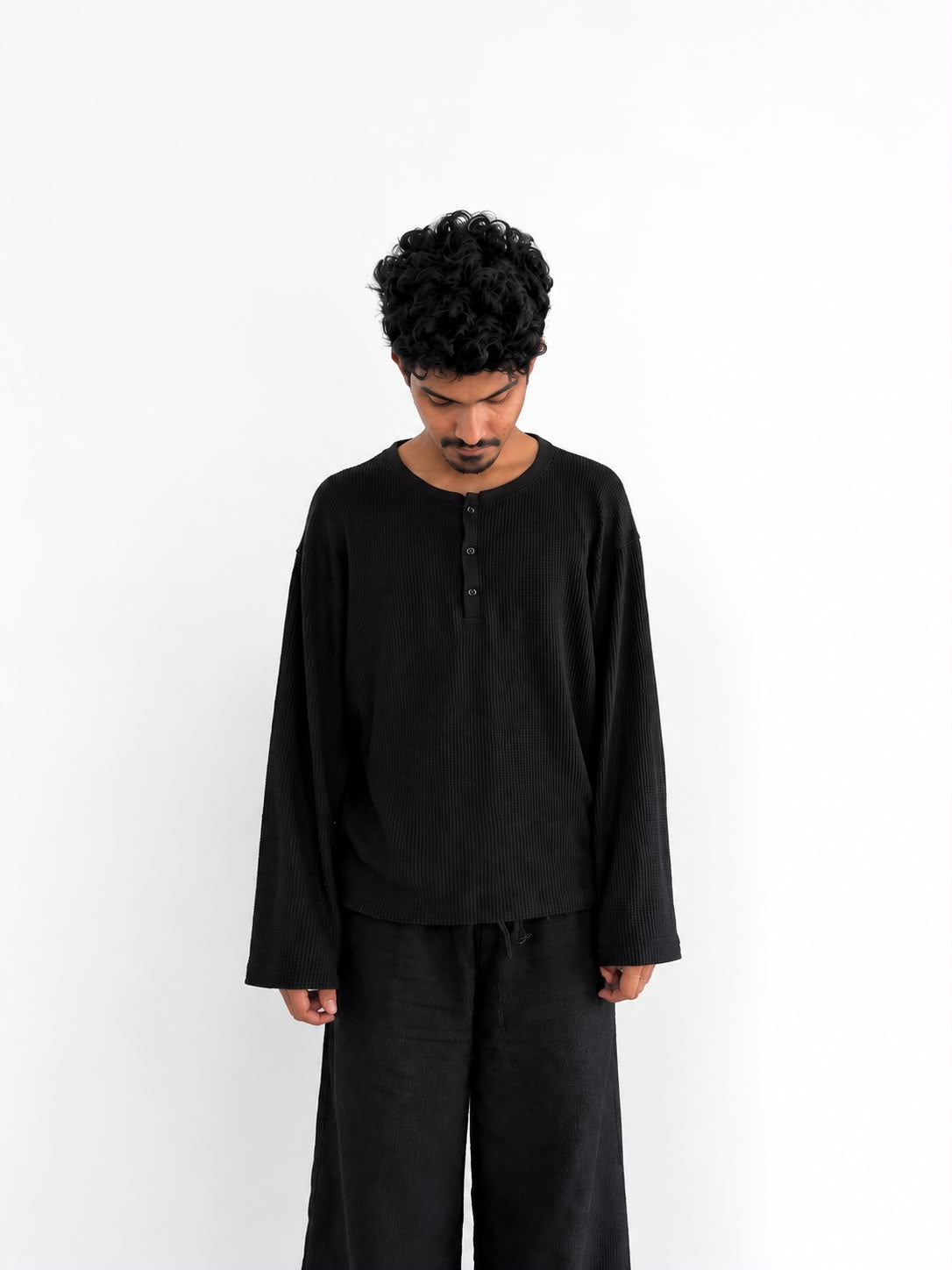  oversized waffle knit Henley long sleeve T-shirt for men in minimalist streetwear style