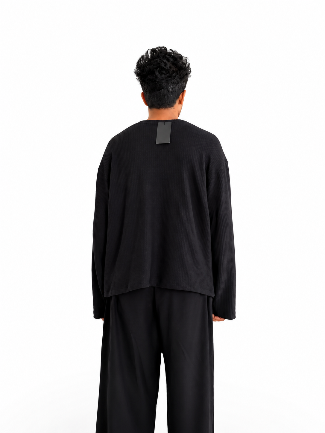  oversized waffle knit Henley long sleeve T-shirt for men in minimalist streetwear style