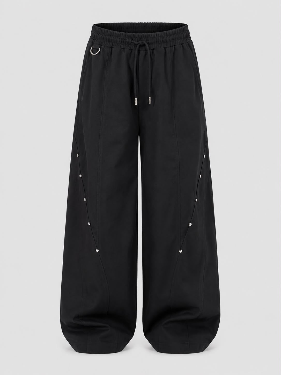 Mocha brown utility wide-leg cargo pants with elastic drawstring waist, relaxed fit