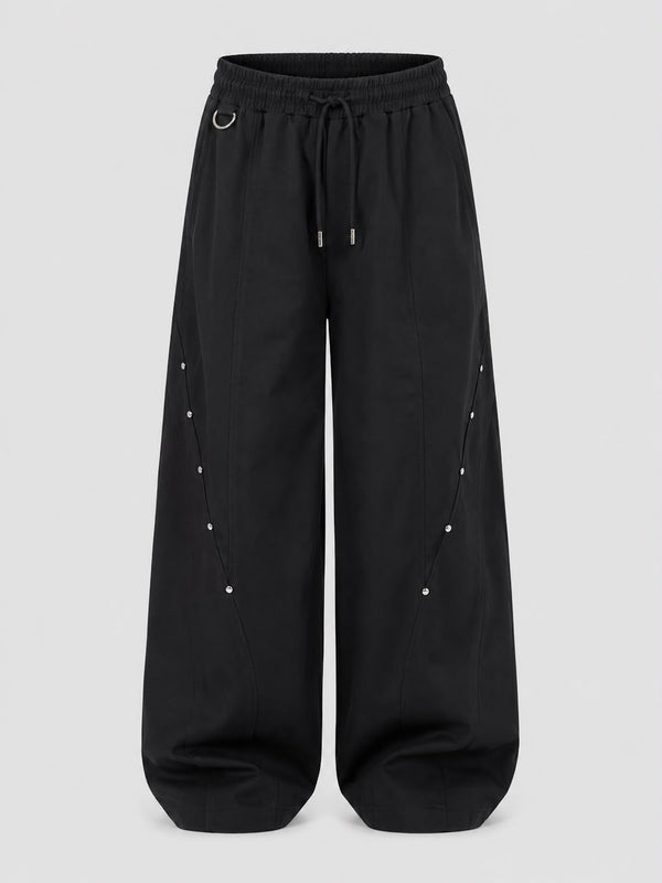 Mocha brown utility wide-leg cargo pants with elastic drawstring waist, relaxed fit
