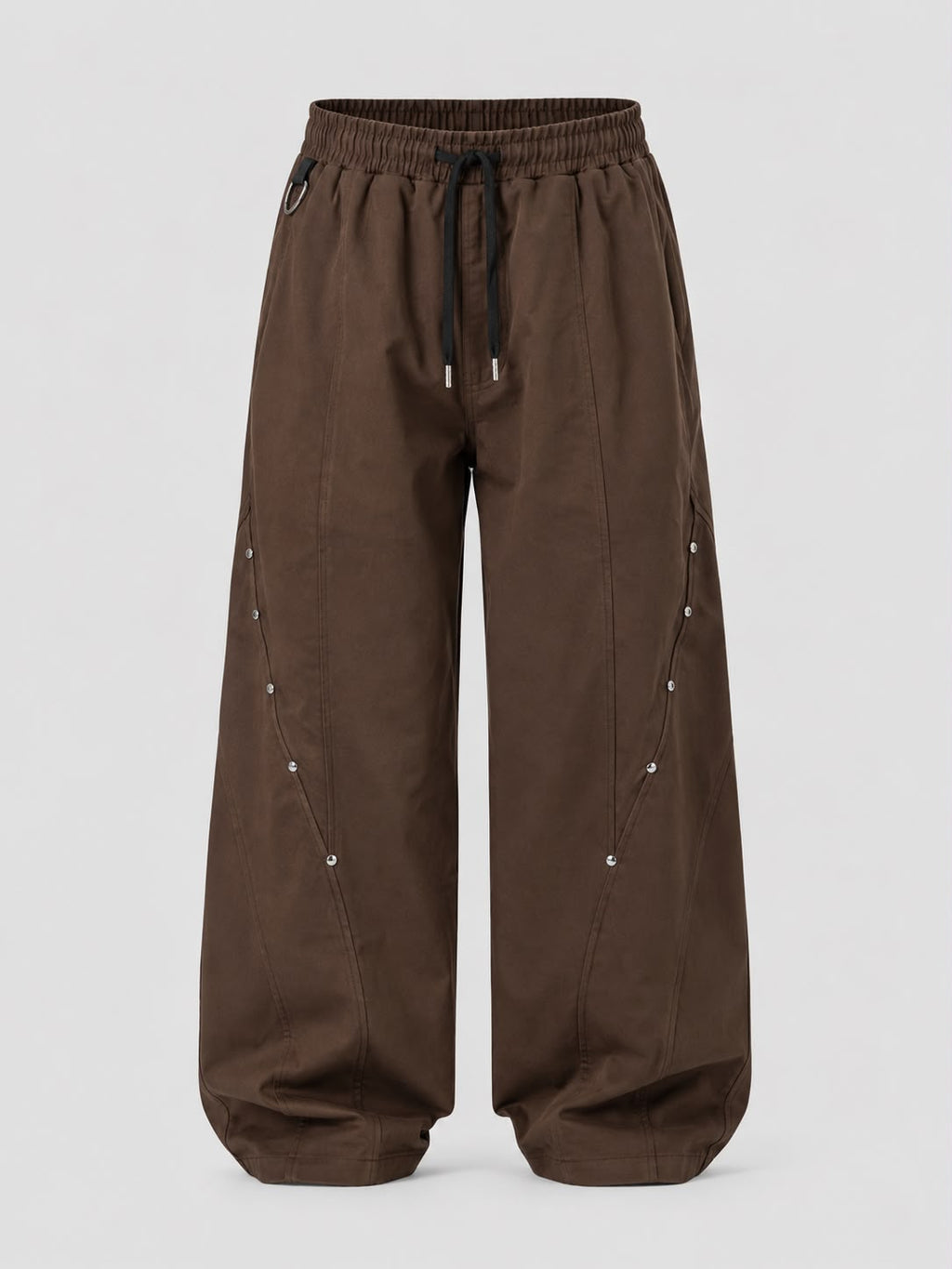 Mocha brown utility wide-leg cargo pants with elastic drawstring waist, relaxed fit