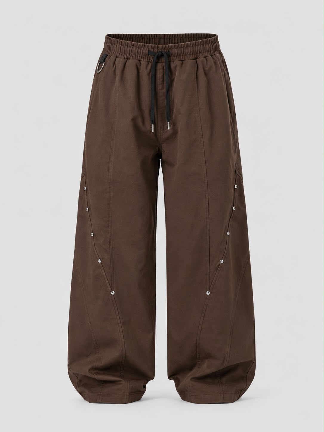 Mocha brown utility wide-leg cargo pants with elastic drawstring waist, relaxed fit