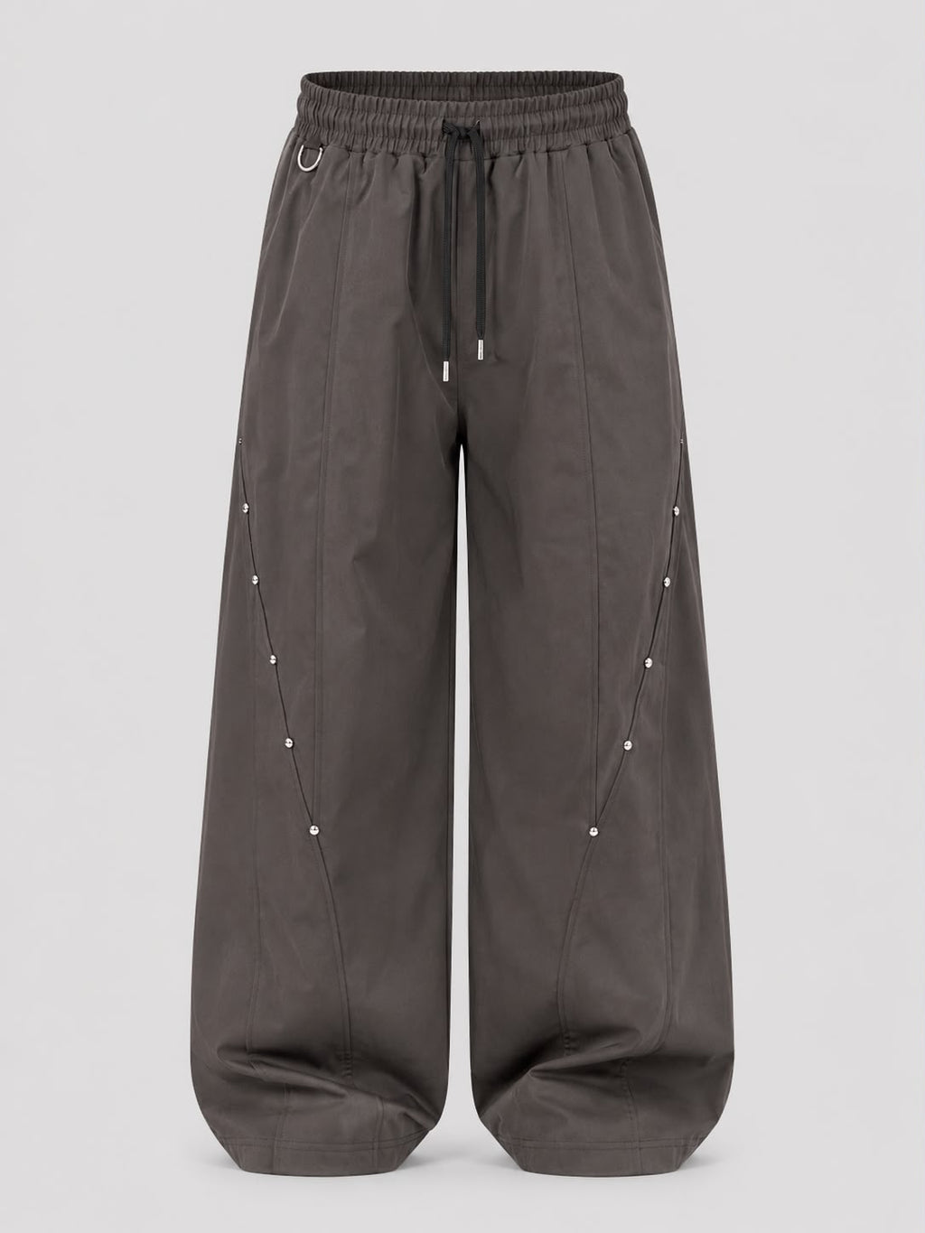 Mocha brown utility wide-leg cargo pants with elastic drawstring waist, relaxed fit