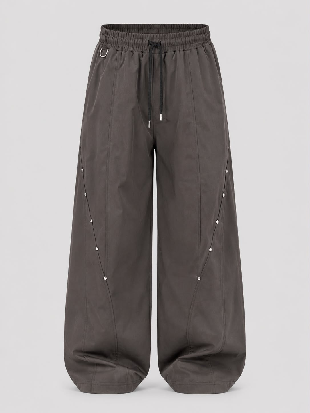 Mocha brown utility wide-leg cargo pants with elastic drawstring waist, relaxed fit