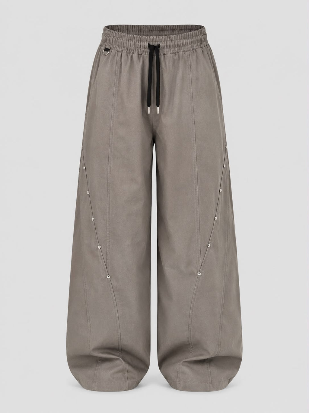 Mocha brown utility wide-leg cargo pants with elastic drawstring waist, relaxed fit