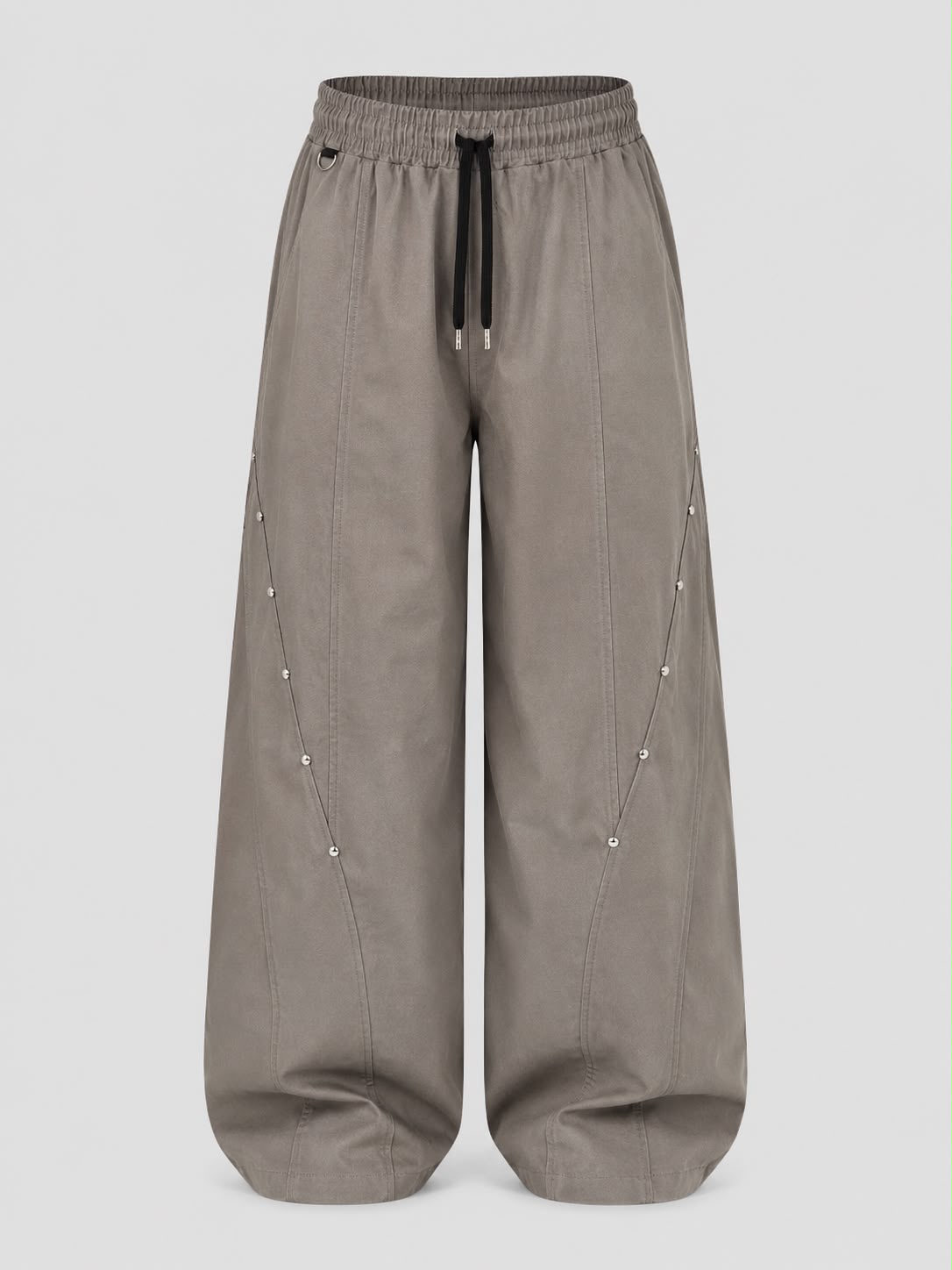 Mocha brown utility wide-leg cargo pants with elastic drawstring waist, relaxed fit