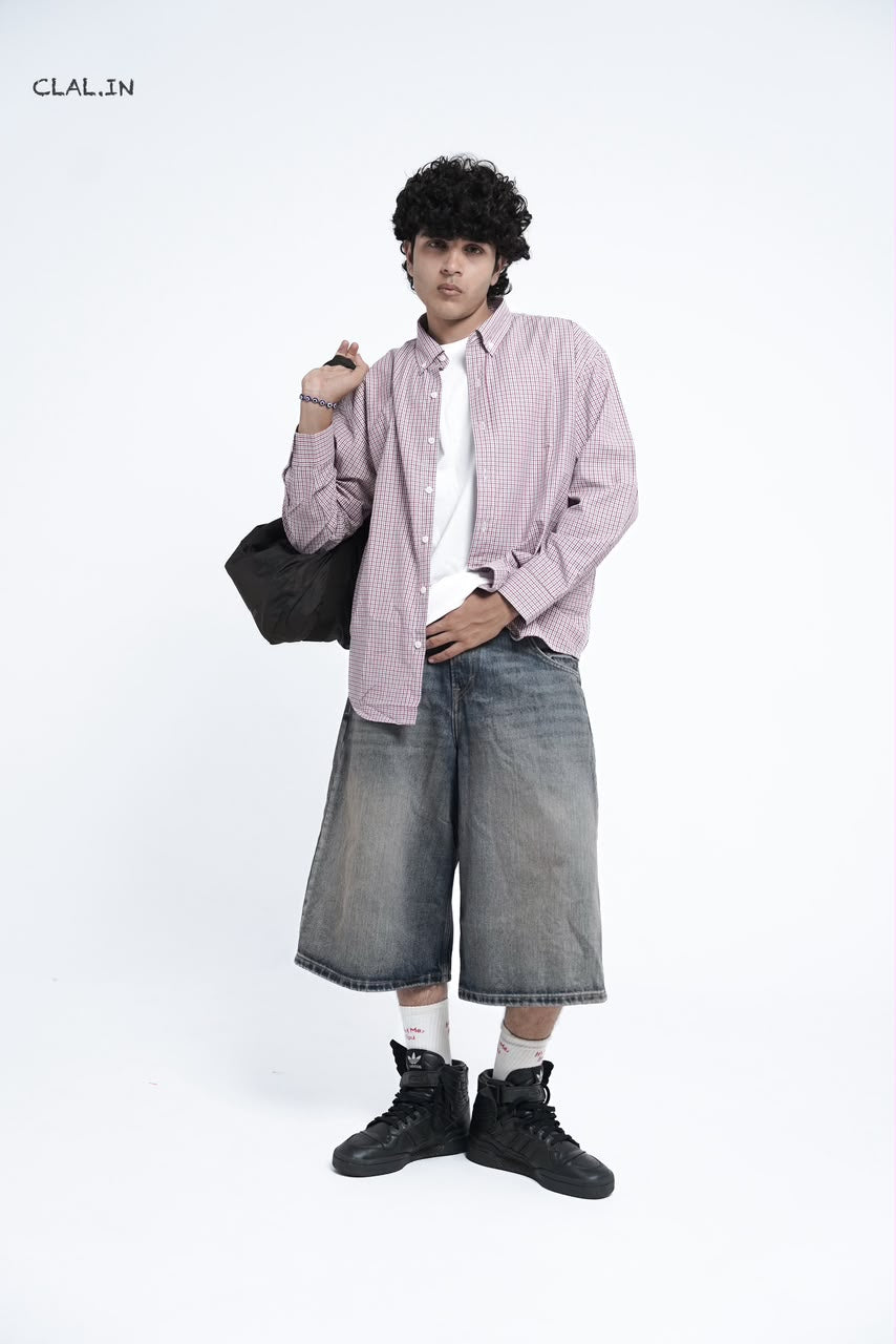 Men's oversized micro-check button-down shirt layered