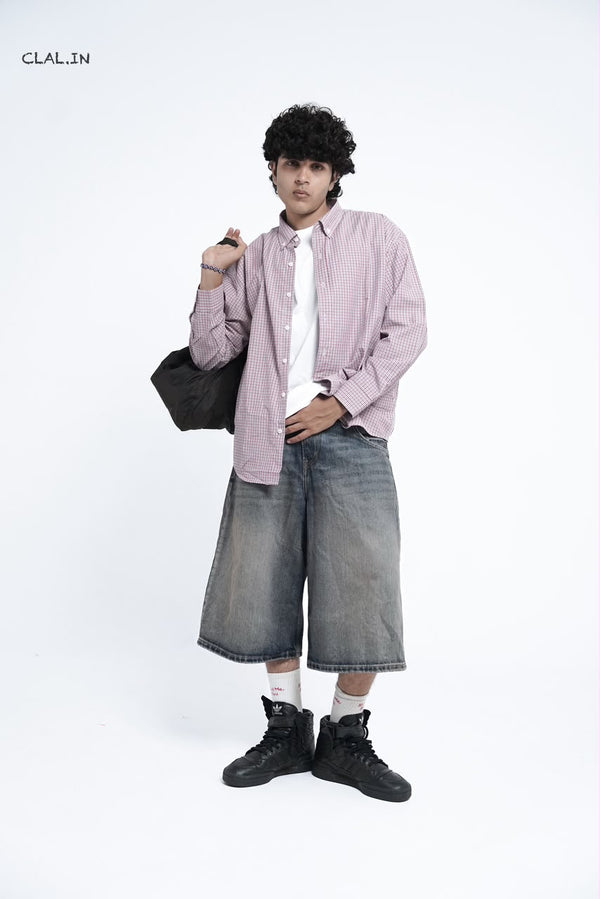 Men's oversized micro-check button-down shirt layered