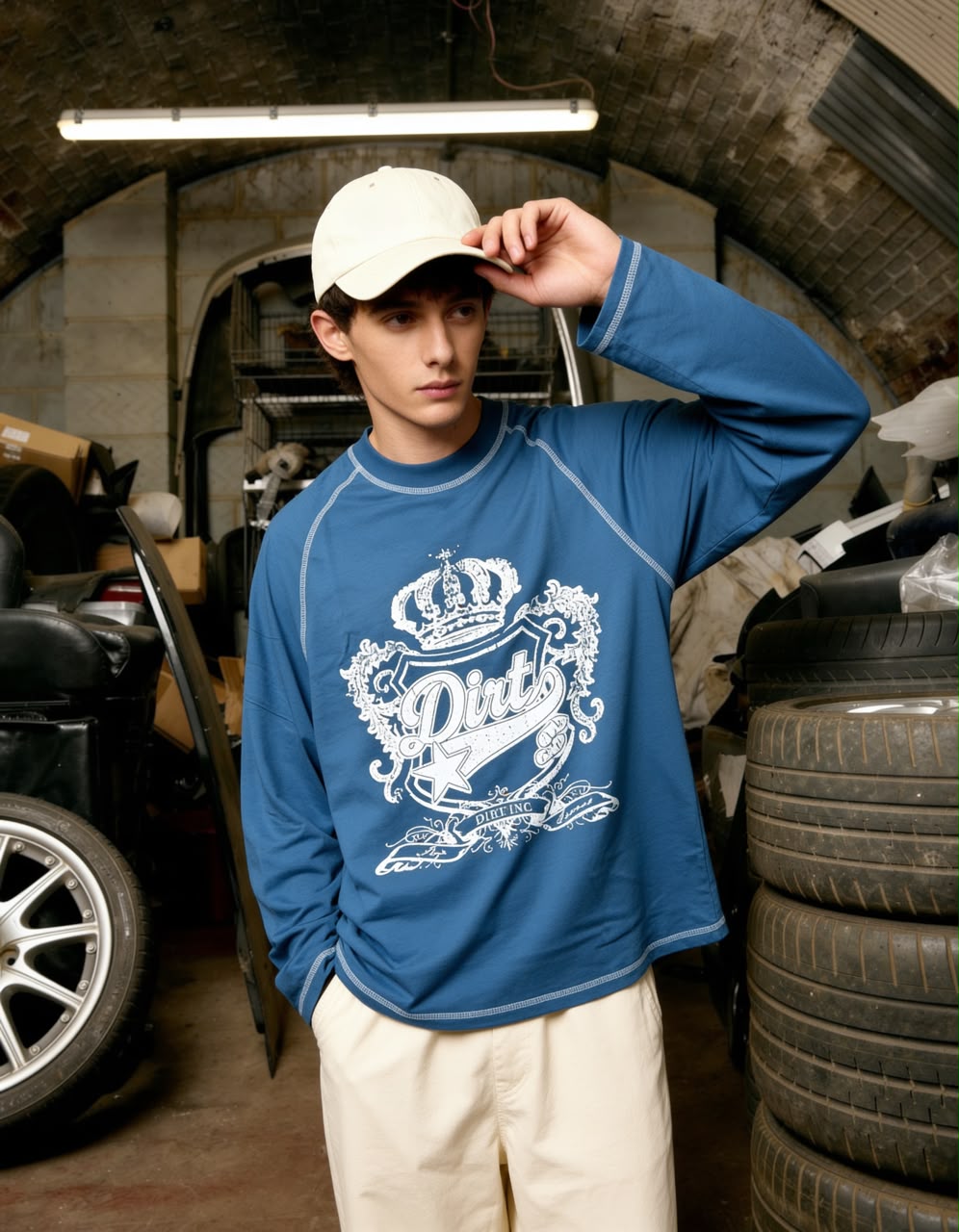 Dirt blue oversized graphic full sleeve T-shirt for men