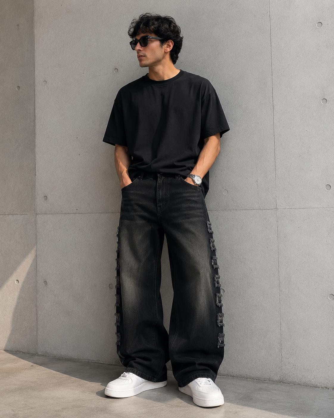 Men's black distressed wide leg jeans with faded wash and relaxed fit streetwear style