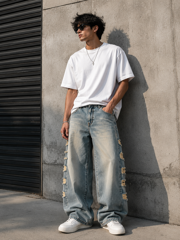 Urban streetwear look featuring men's washed black distressed wide leg denim jeans