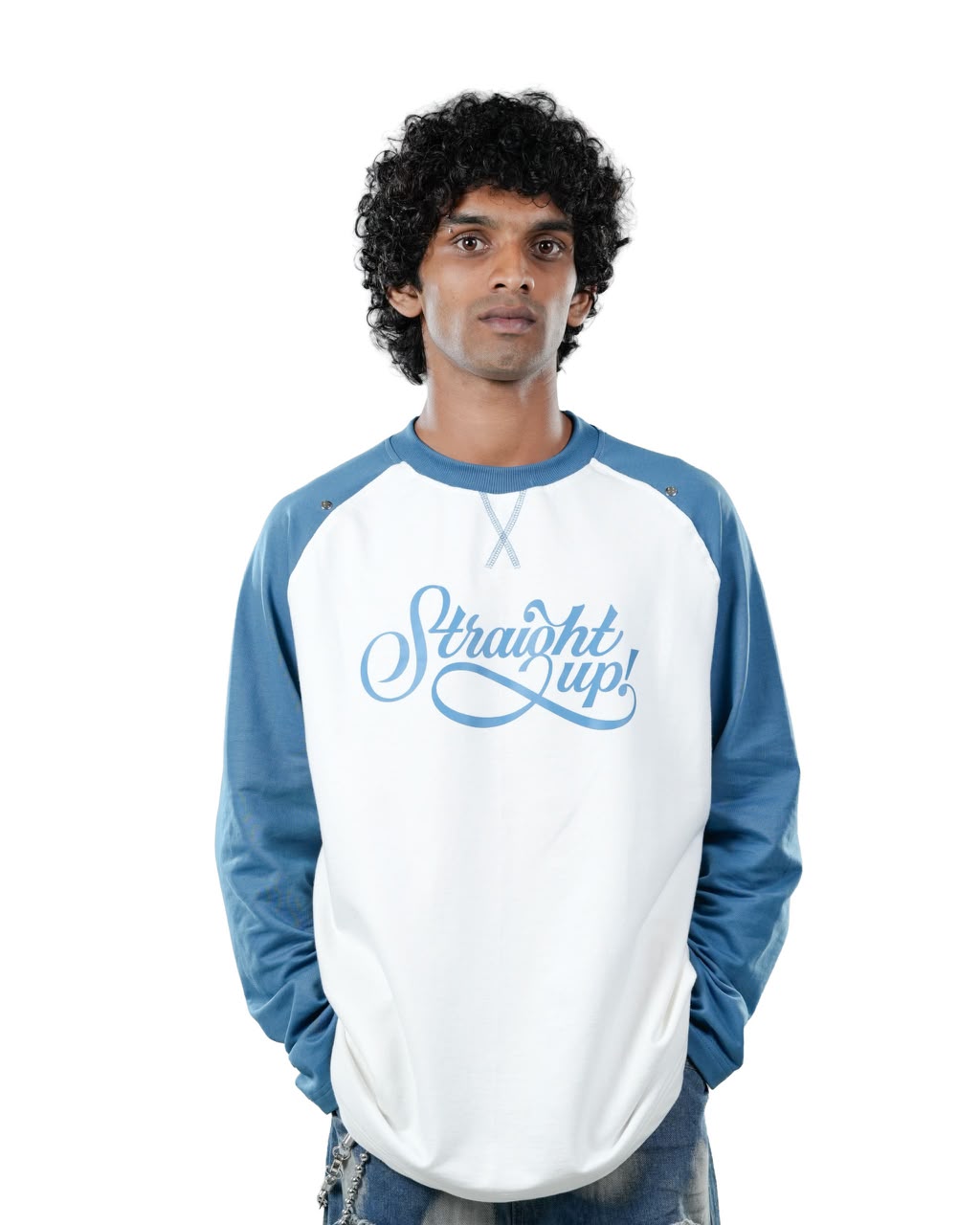 Blue and white graphic full-sleeve sweatshirt for men.