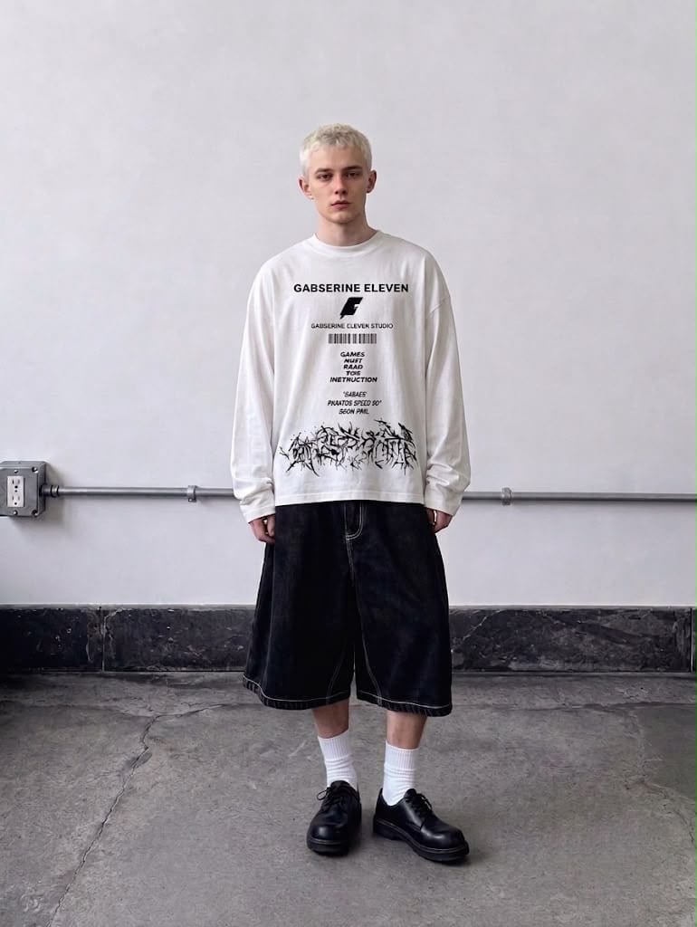 Black full-sleeve graphic T-shirt styled with baggy shorts for a modern streetwear look.