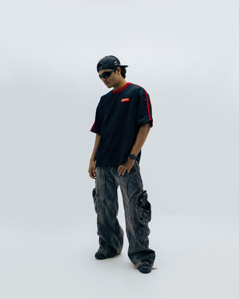 Abrath white oversized dual sleeve stripe T-shirt for men