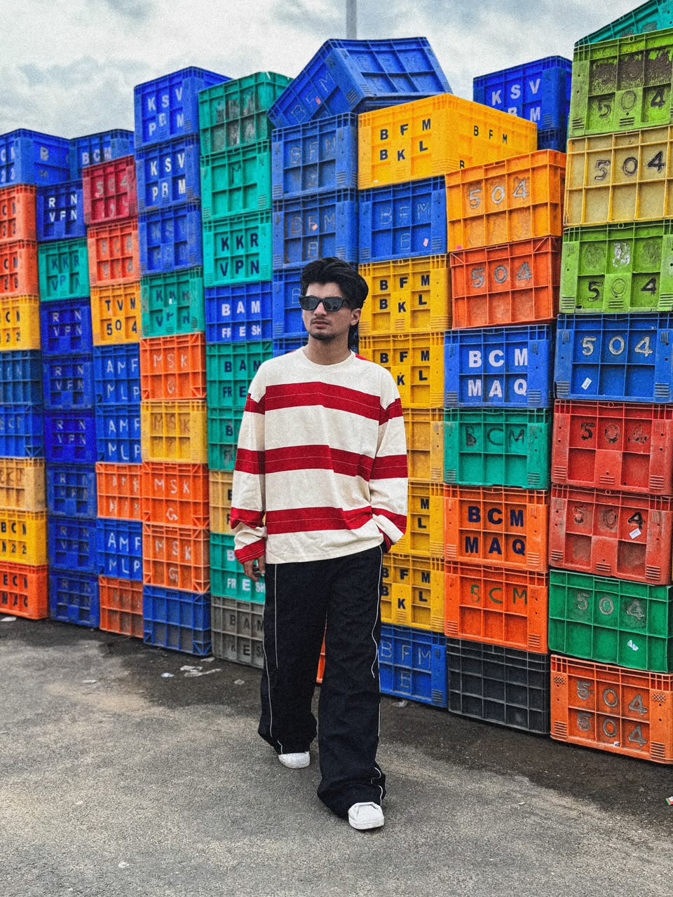 Men's red and white striped oversized full sleeve T-shirt with a relaxed fit